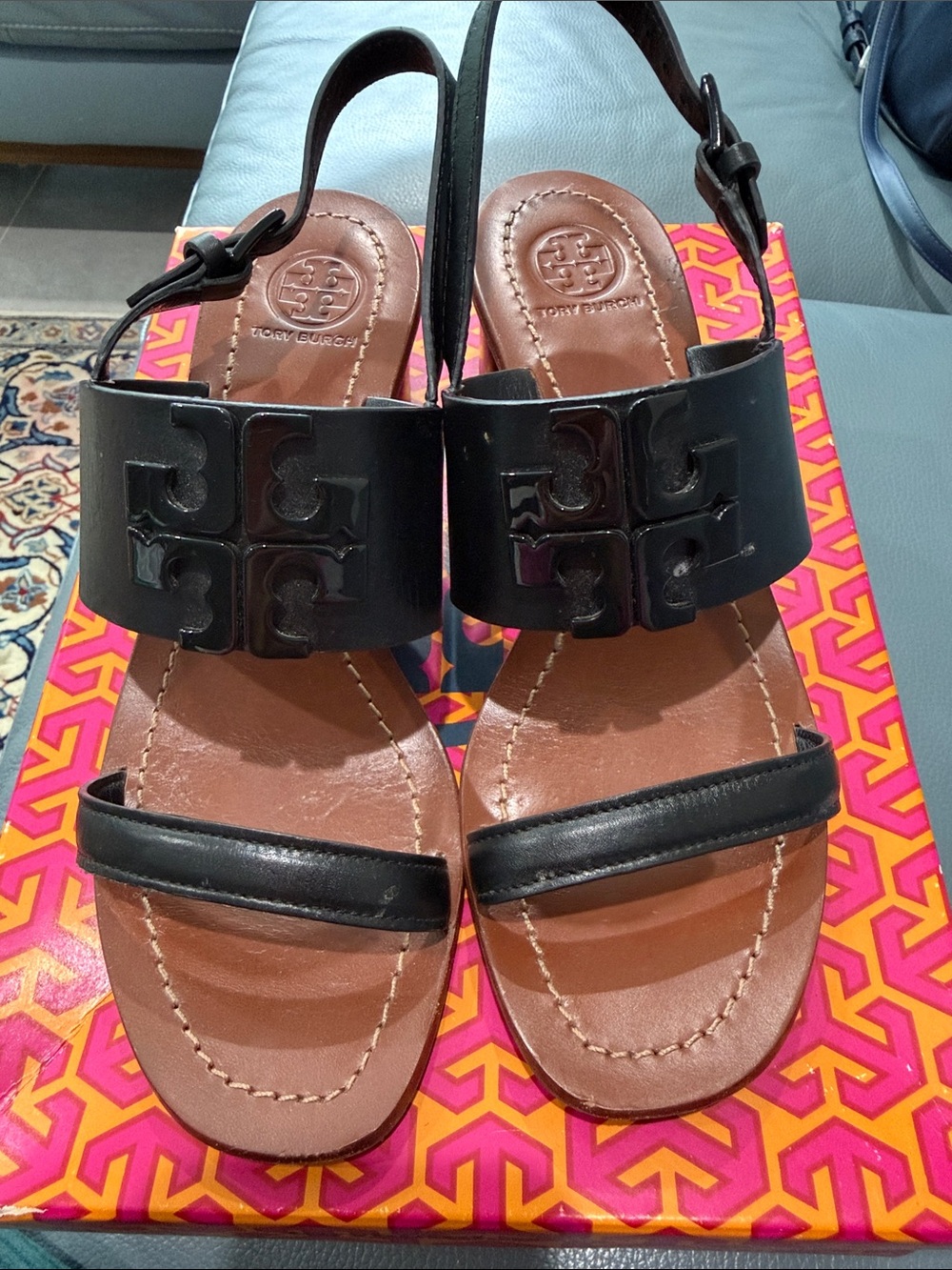 Tory Burch Black Leather Logo Slingback Sandals